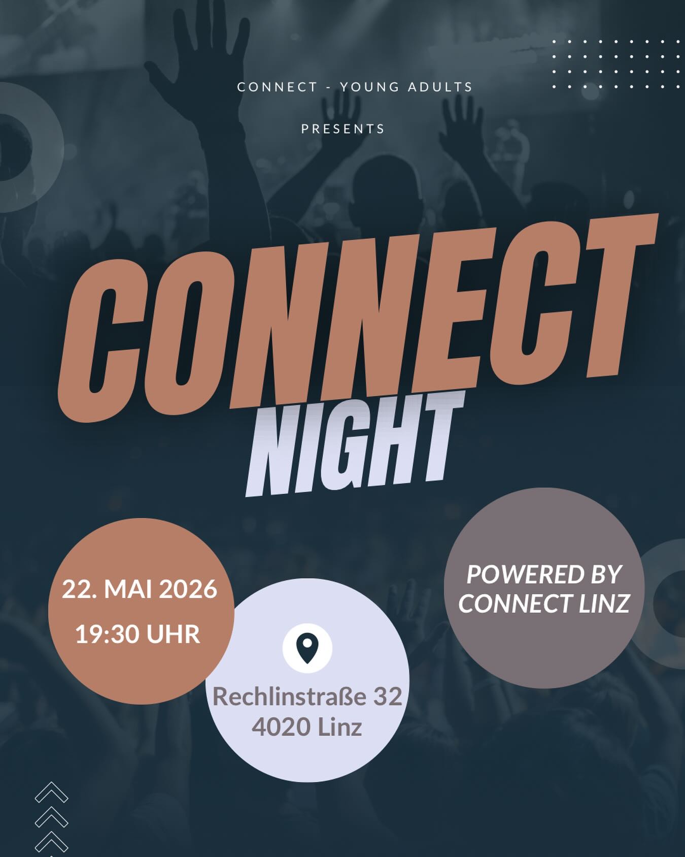 Sei unbedingt dabei bei der Connect Night am 22. Mai um 19:30 Uhr in der FCG Linz 🙌🏼 
Hammer worship, starke message und eine riesen Menge Spaß! Das willst du nicht verpassen! 🎉